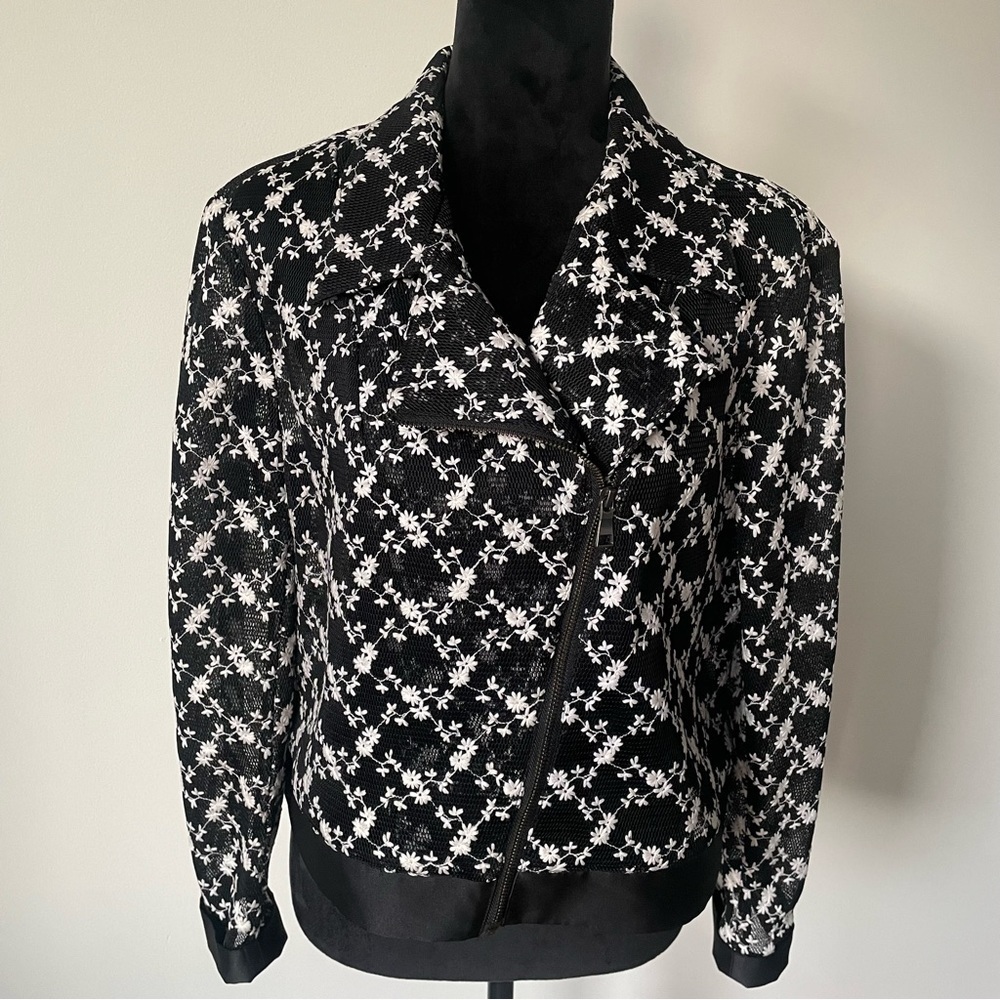 Sachin + Babi Black White Sheer Floral Asymmetrical Zip Front Moto Jacket EUC XL
